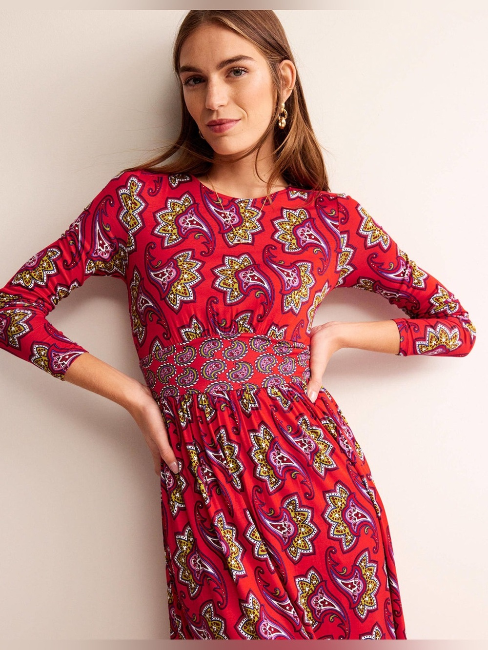 BODEN  $130 Thea Red Paisley Amaryllis Jersey Knit Midi Dress US 4R #120 - Picture 3 of 7